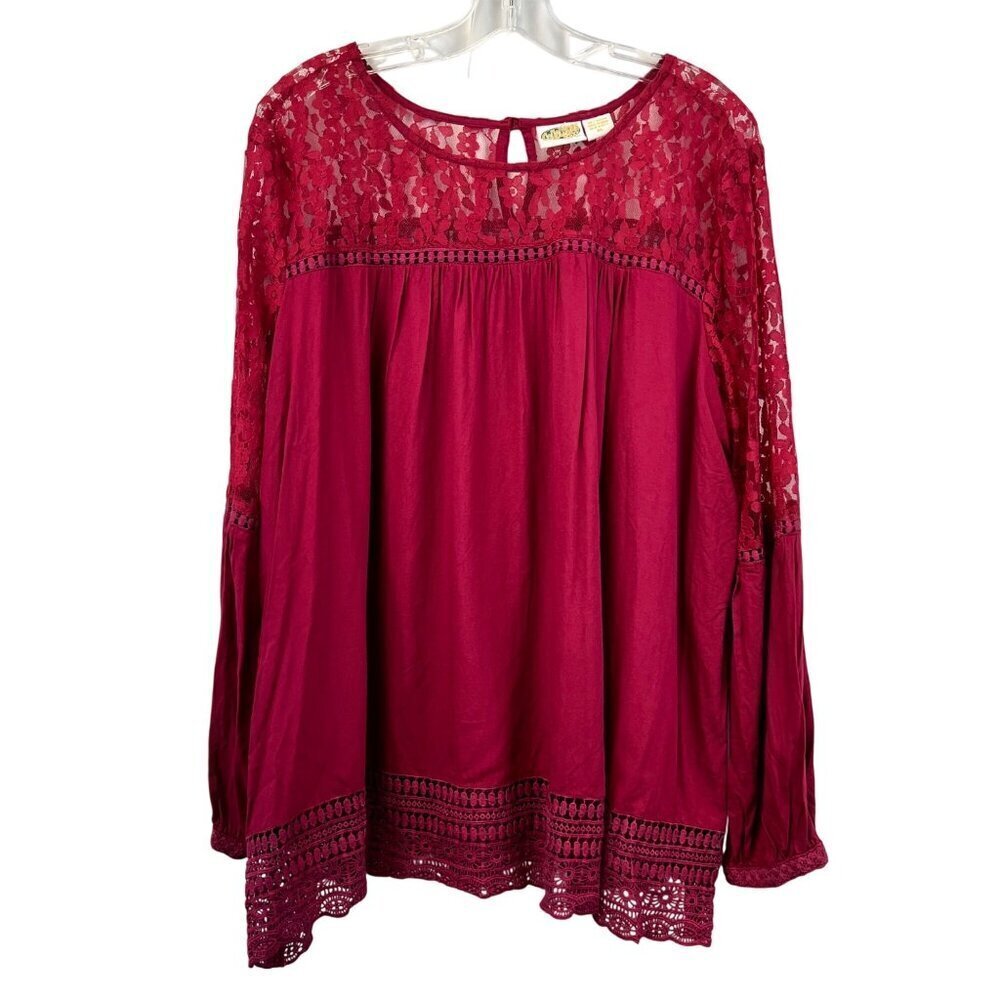Collections Etc Women’s Lace Pullover Top Raspberry Size XL Keyhole